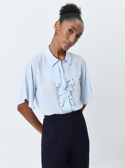 wardrobe by westside light blue ruffle-detailed top