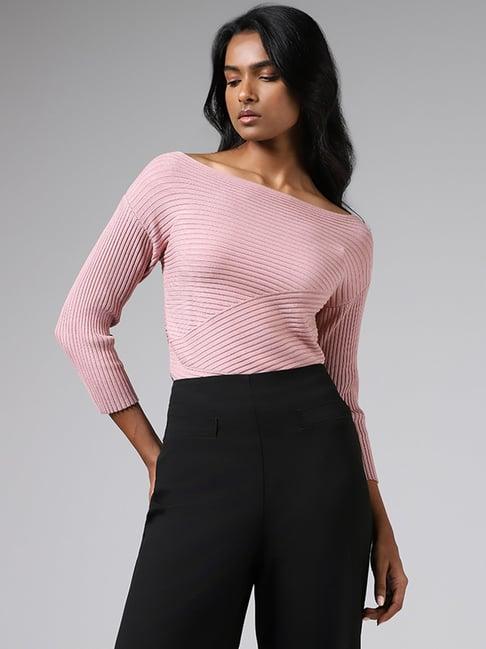 wardrobe by westside light pink crisscross striped sweater