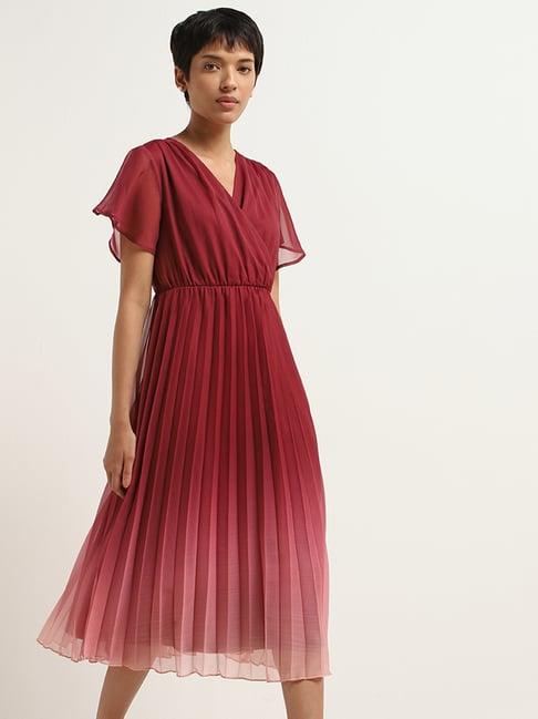 wardrobe by westside maroon pleated a-line dress