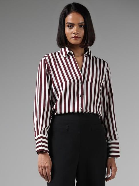 wardrobe by westside maroon striped slim fit shirt