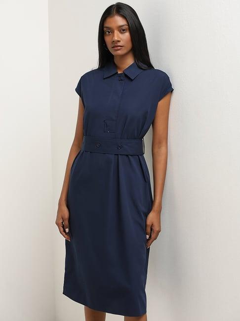 wardrobe by westside navy solid cotton shirt dress with belt