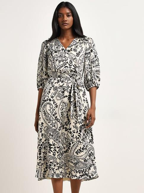 wardrobe by westside off-white paisley printed wrap dress