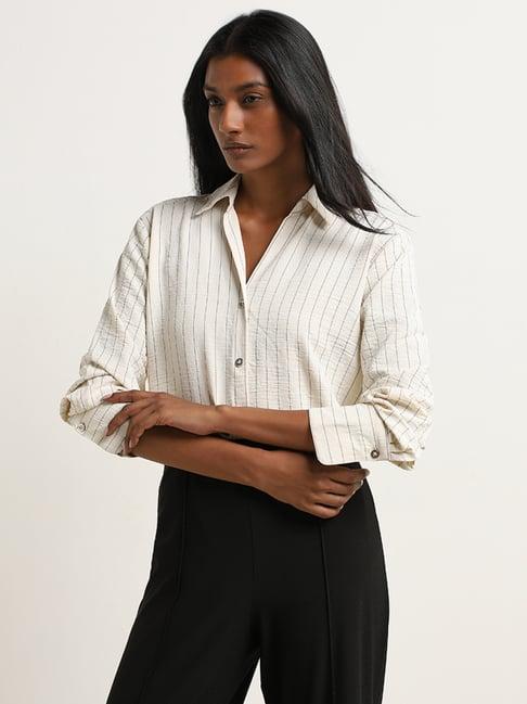 wardrobe by westside off-white pinstripe patterned textured shirt