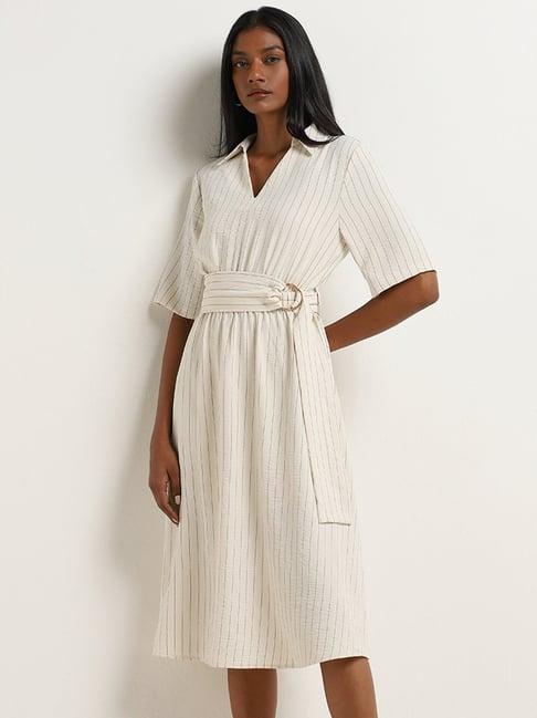 wardrobe by westside off-white pinstriped shirt dress with belt