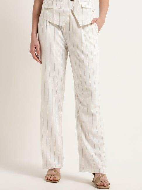 wardrobe by westside off-white striped straight-leg trousers