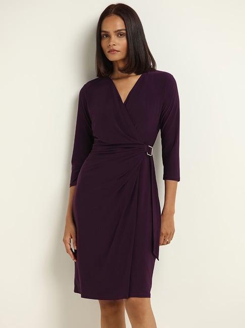 wardrobe by westside plain purple wrap dress