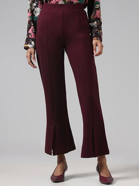 wardrobe by westside solid burgundy slit ponte trousers