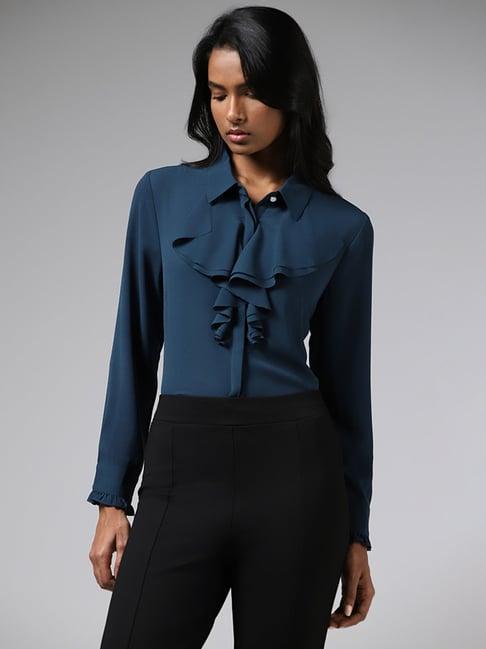 wardrobe by westside solid teal ruffle collar shirt