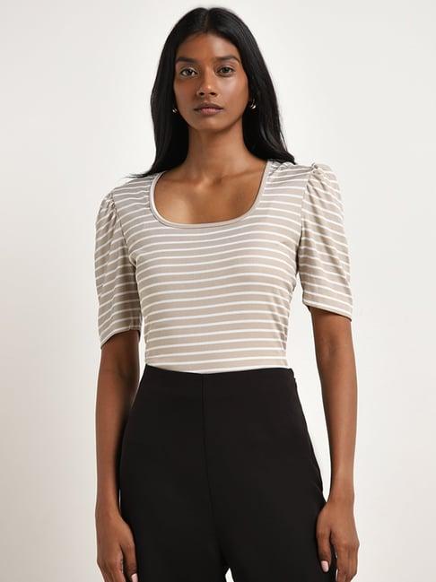 wardrobe by westside white beige striped knit-textured top