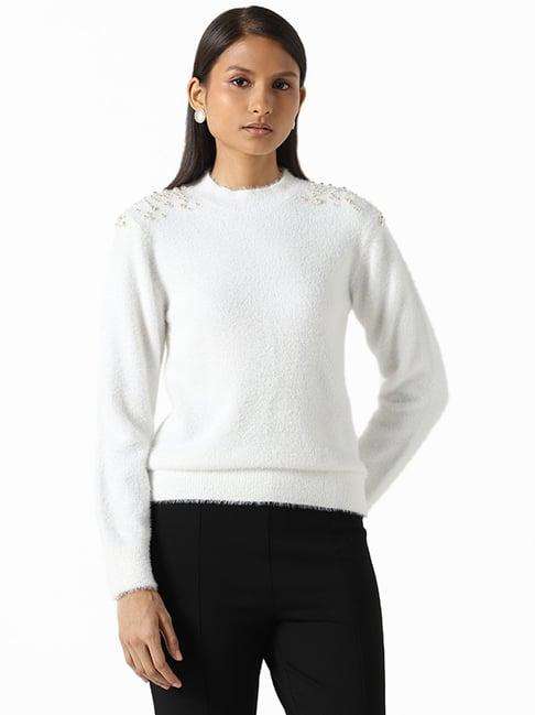 wardrobe by westside white pearl detail sweater