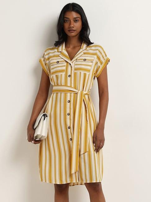 wardrobe by westside yellow striped design shirt dress with belt