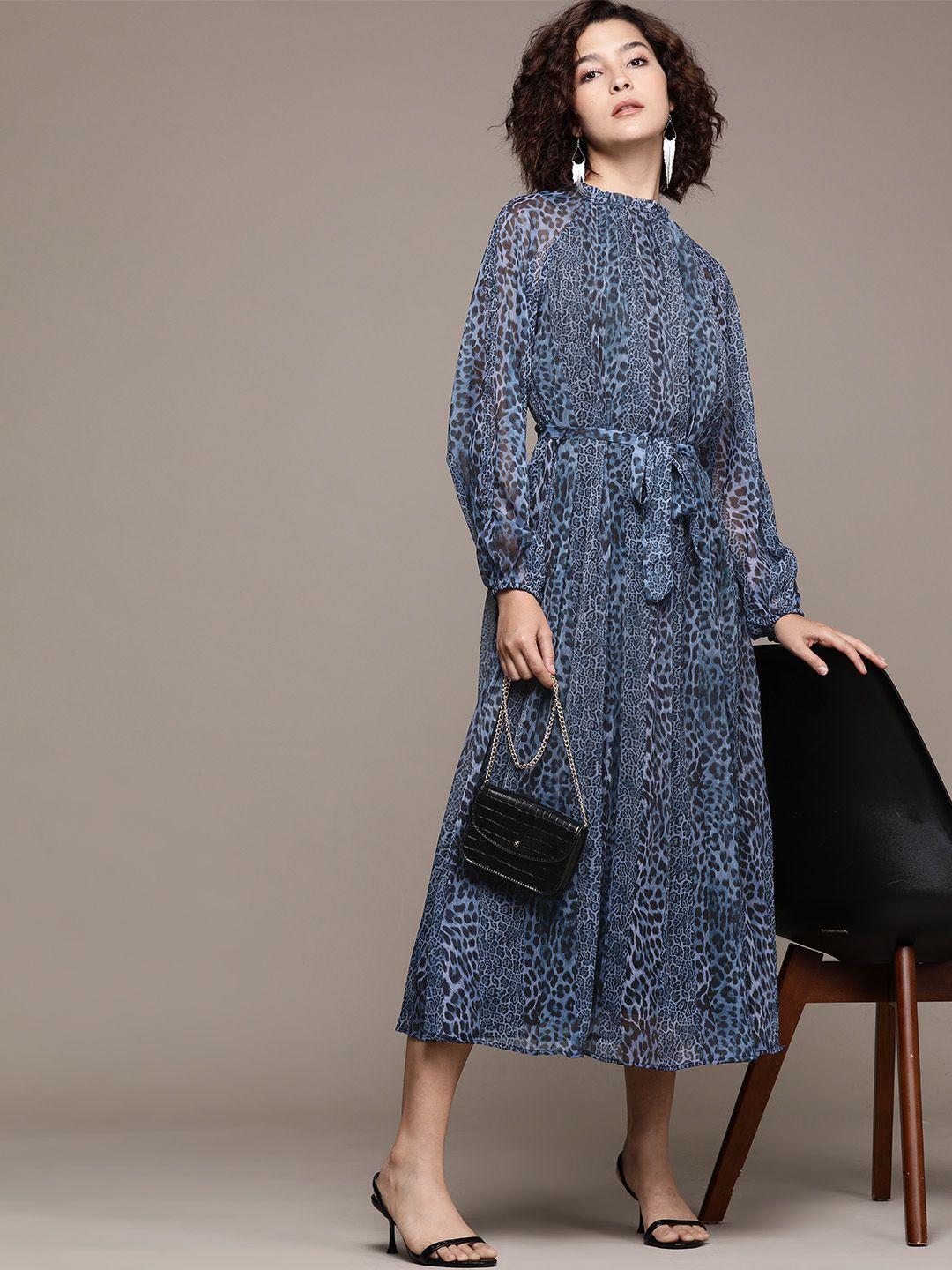 warehouse animal print puff sleeves accordion pleated a-line midi dress with belt