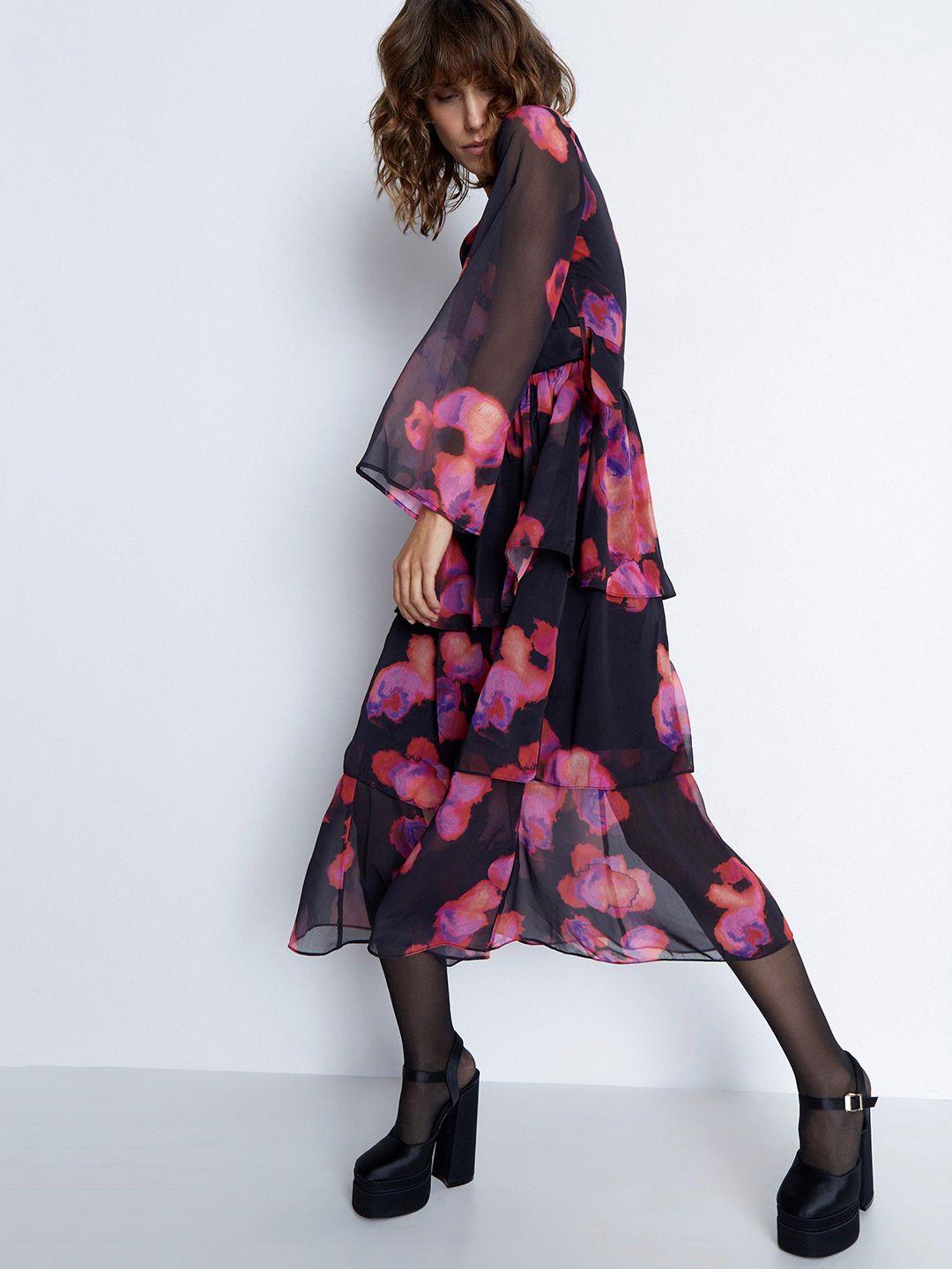 warehouse black & pink floral print flared sleeve a-line midi dress