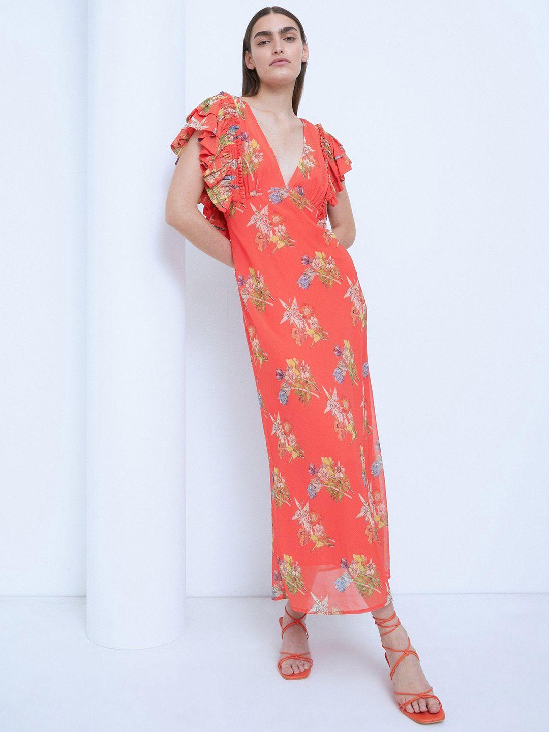 warehouse floral print flutter sleeve a-line maxi dress