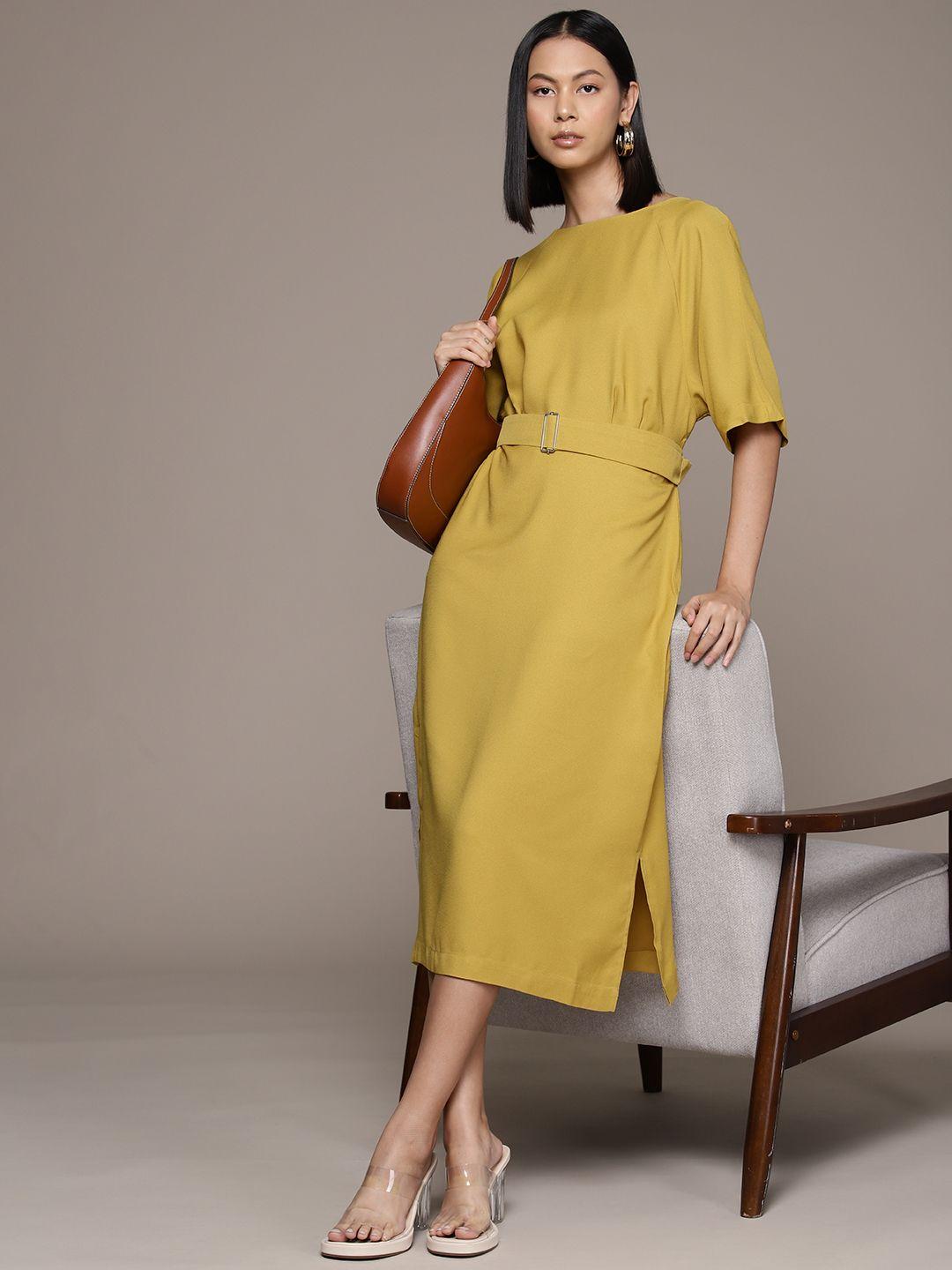 warehouse gathered & pleated detail a-line midi dress with belt