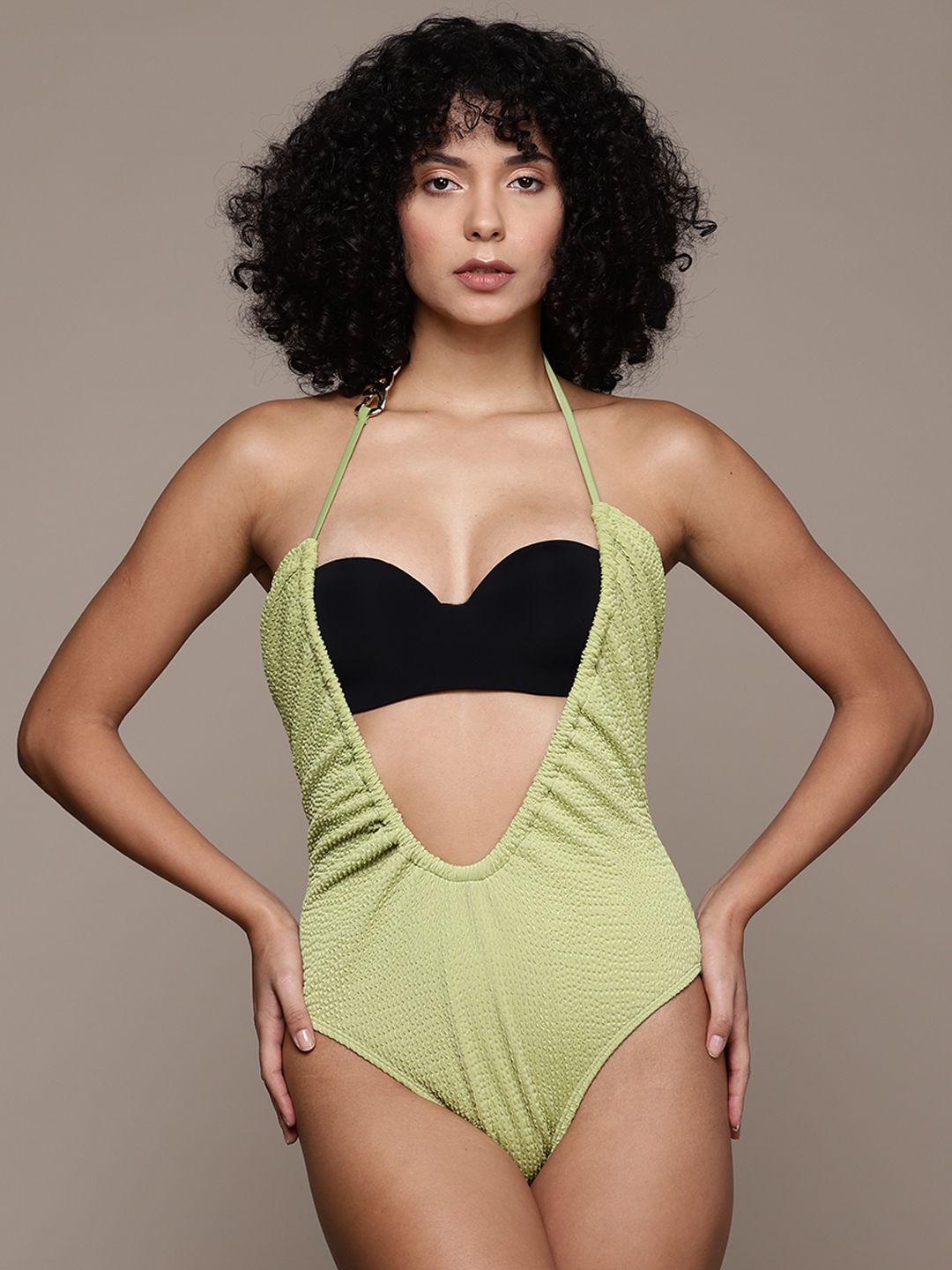 warehouse halter neck medium coverage ruched swimsuit