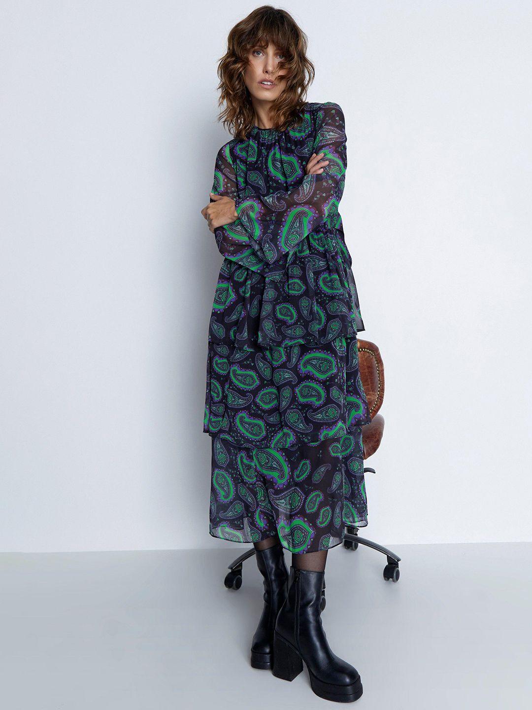 warehouse paisley print flared sleeve layered a-line midi dress