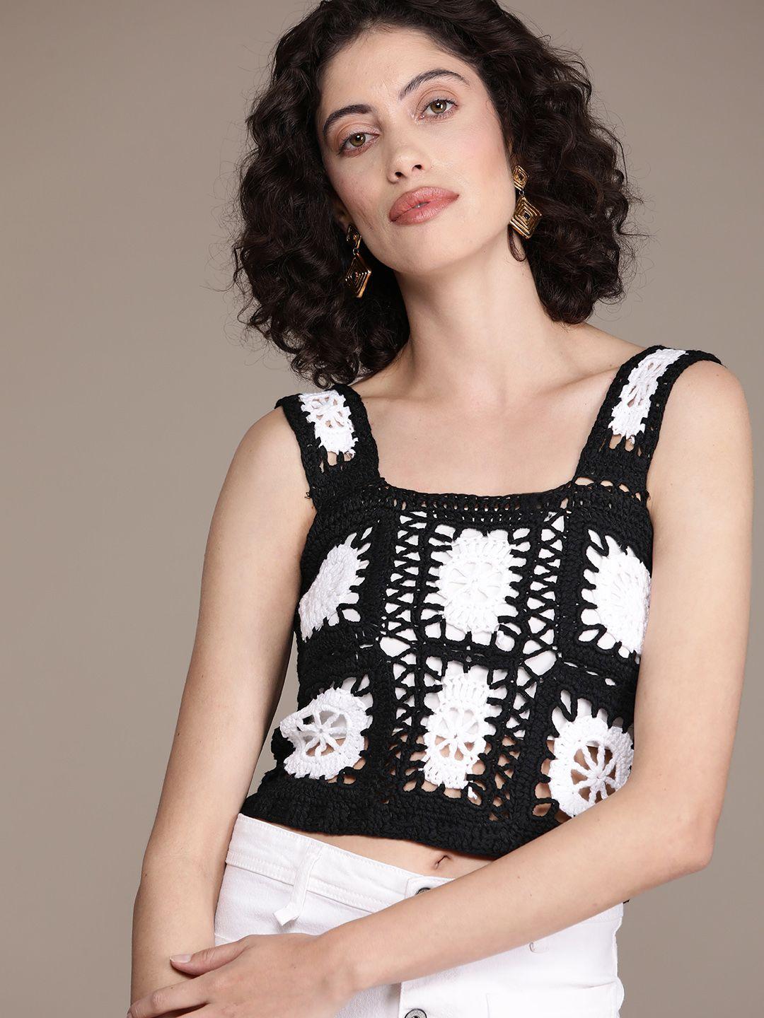 warehouse shoulder straps lace up crochet top