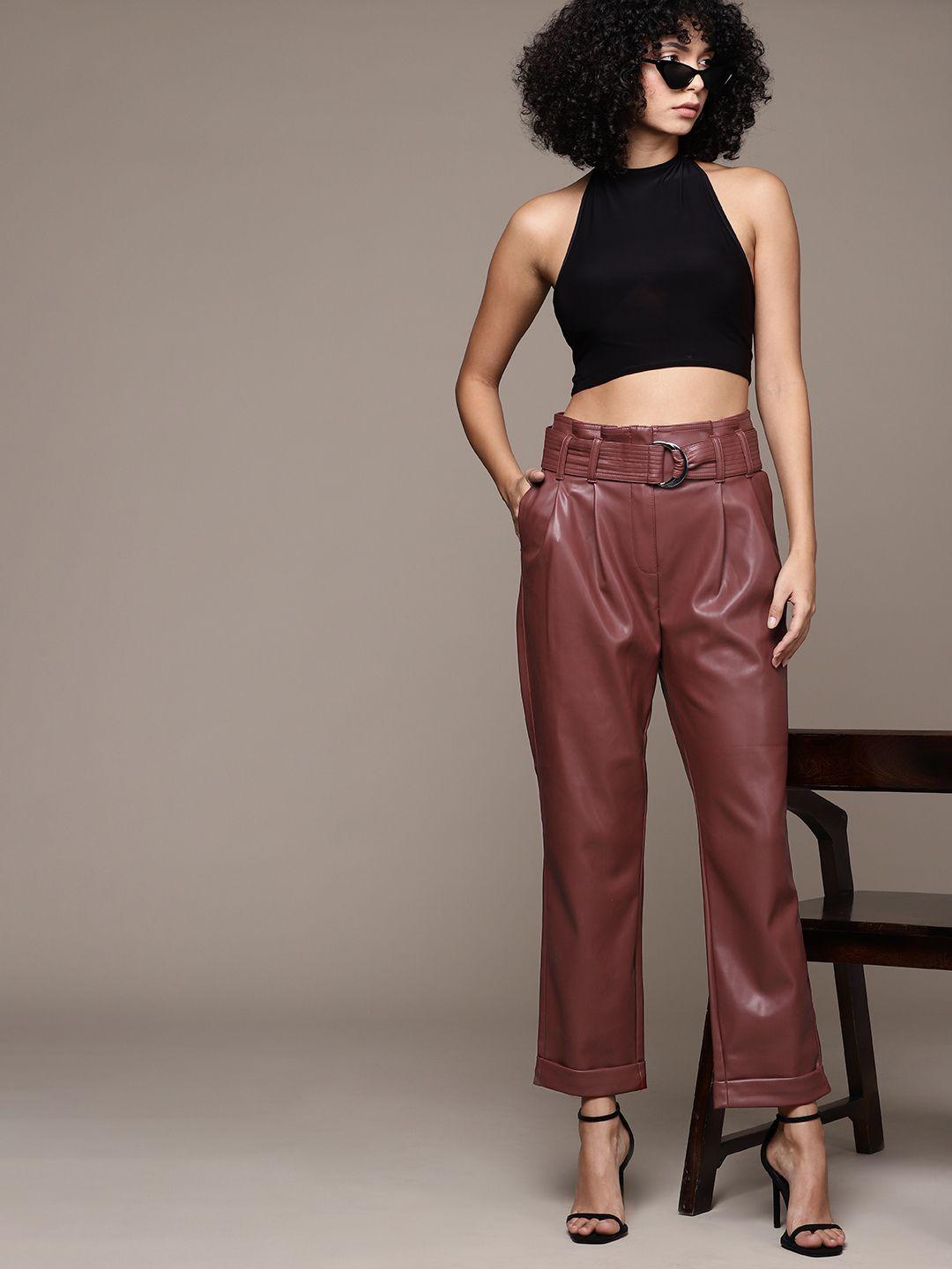 warehouse women faux leather pleated peg trousers