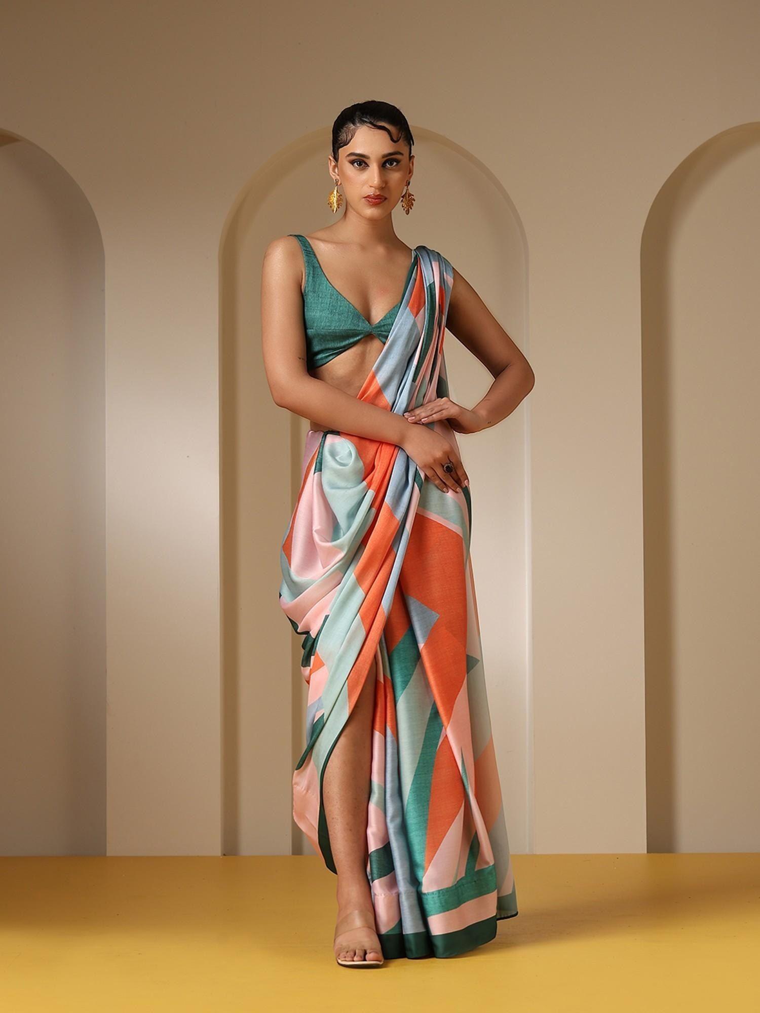 warm green super soft printed saree with unstitched blouse fabric