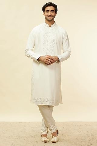 warm white blended viscose foil mirror embroidered kurta set