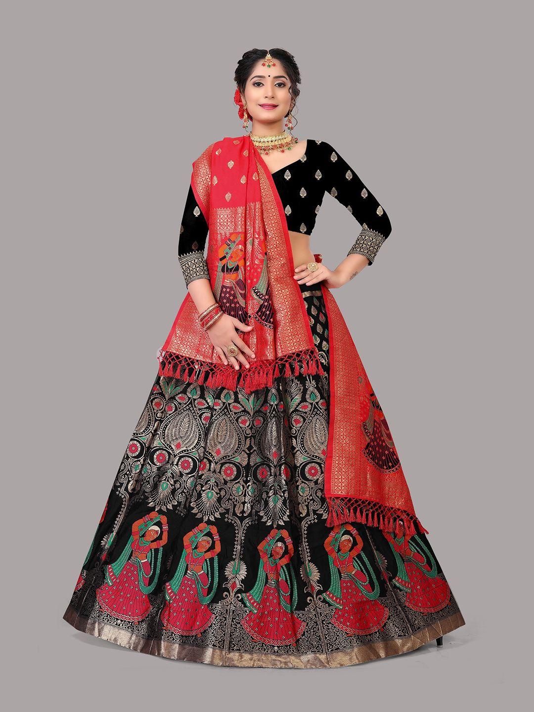 warthy ent black & red semi-stitched lehenga & unstitched blouse with dupatta