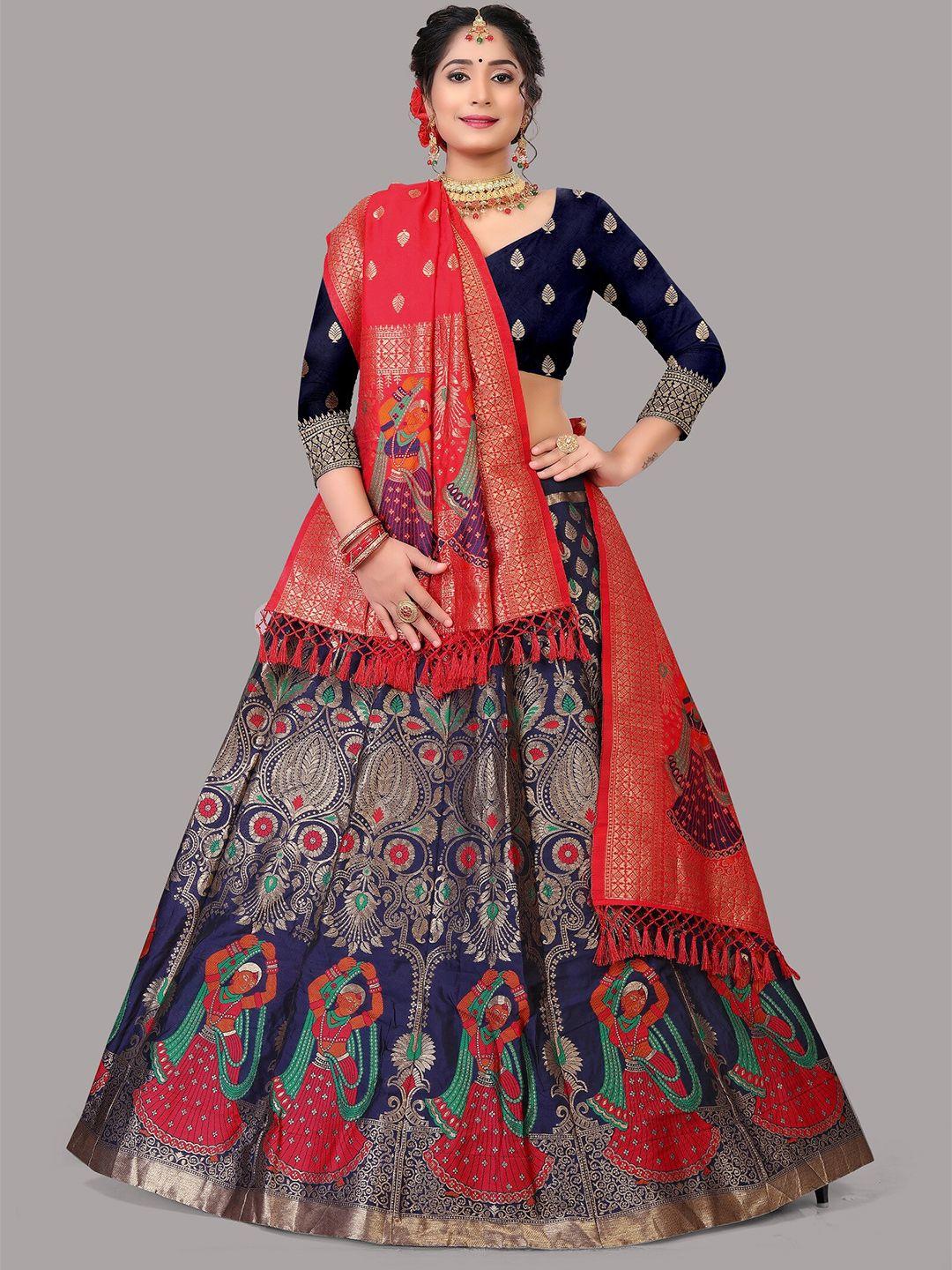 warthy ent blue & gold-toned semi-stitched lehenga & unstitched blouse with dupatta