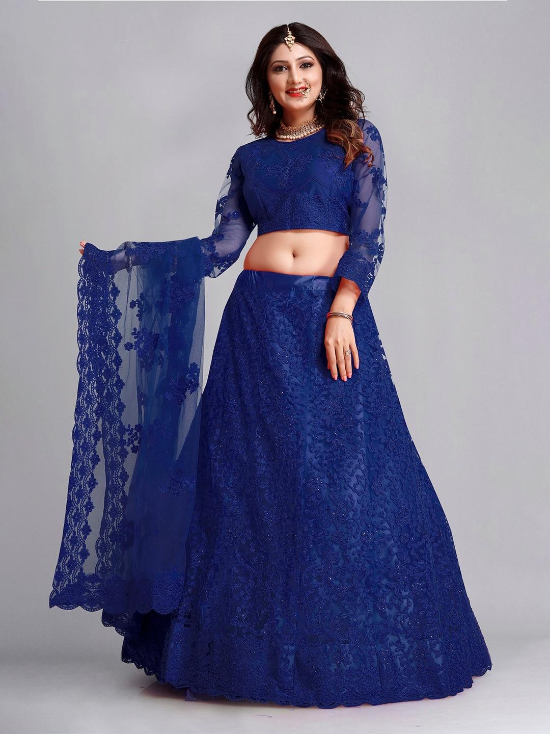 warthy ent blue embroidered thread work semi-stitched lehenga & unstitched blouse with dupatta