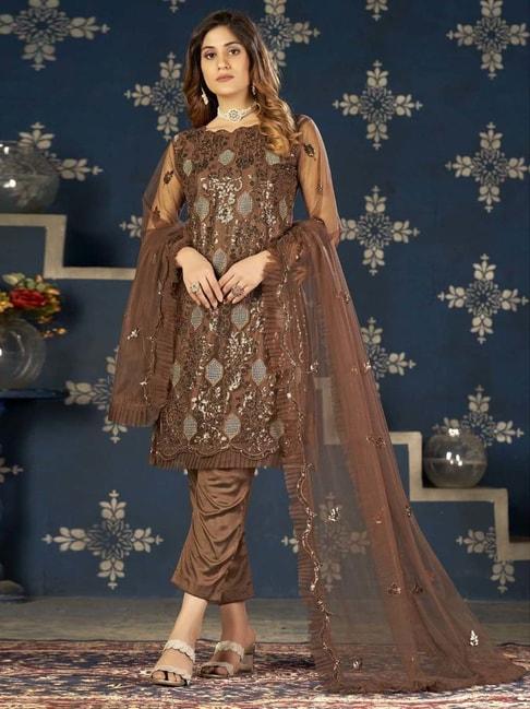 warthy ent brown embroidered semi stitched dress material