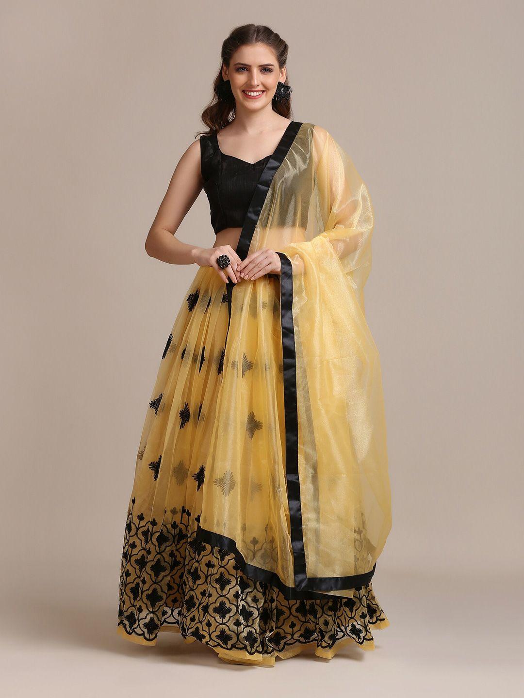 warthy ent cream-coloured & black thread work semi-stitched lehenga & unstitched blouse with dupatta