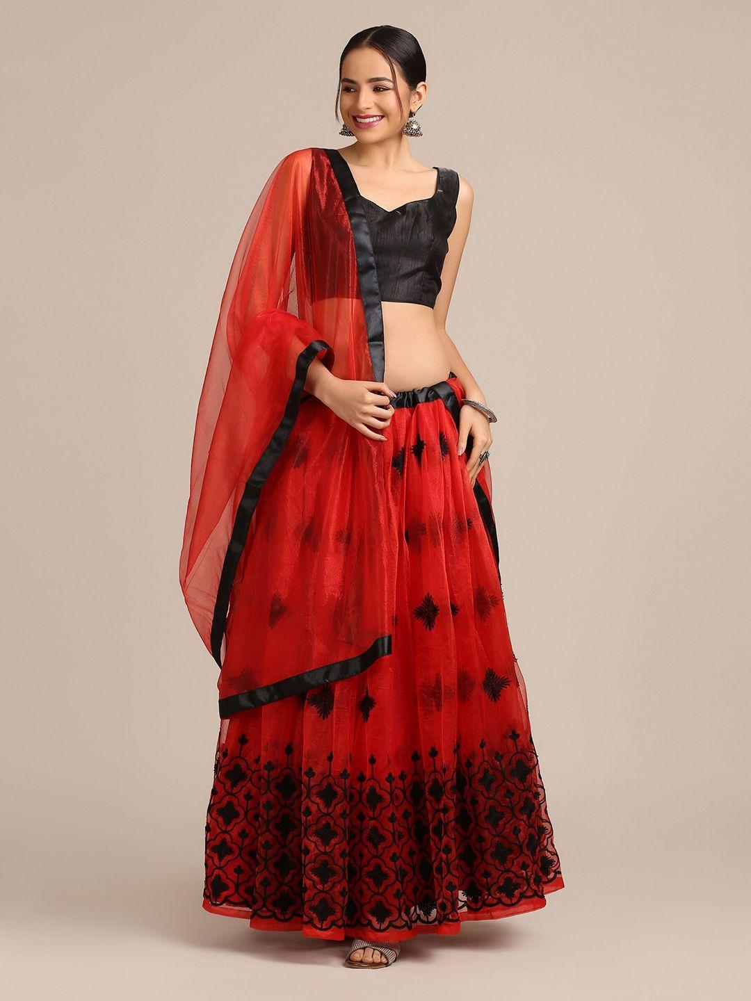 warthy ent embroidered net semi-stitched lehenga & unstitched blouse with dupatta