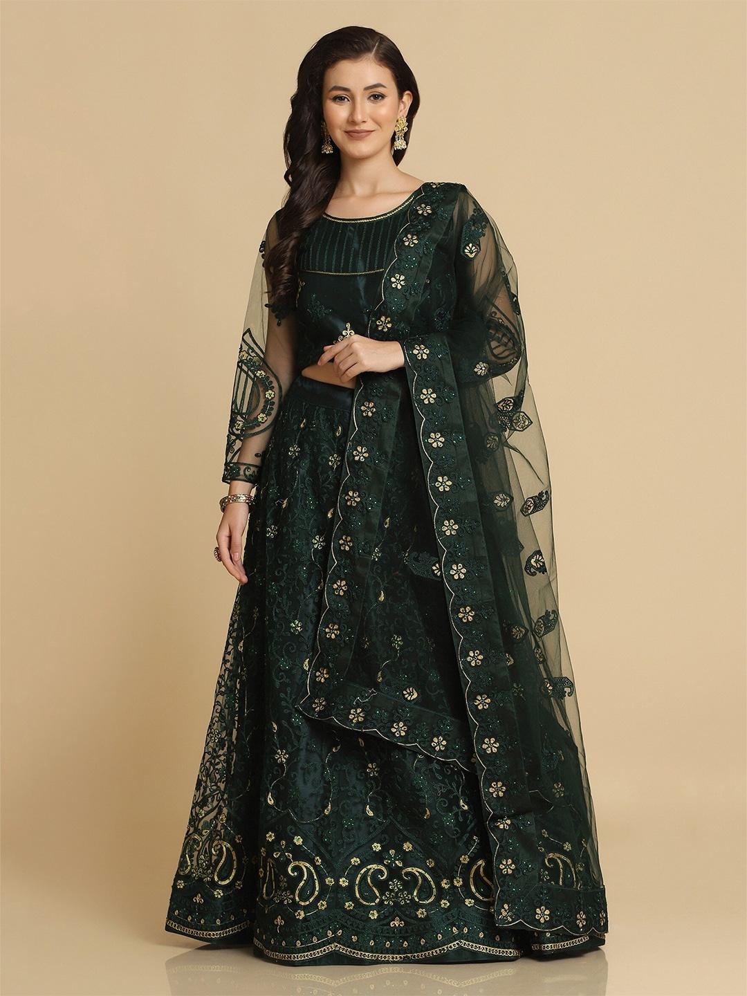 warthy ent green & gold-toned embroidered thread work semi-stitched lehenga & unstitched blouse with dupatta