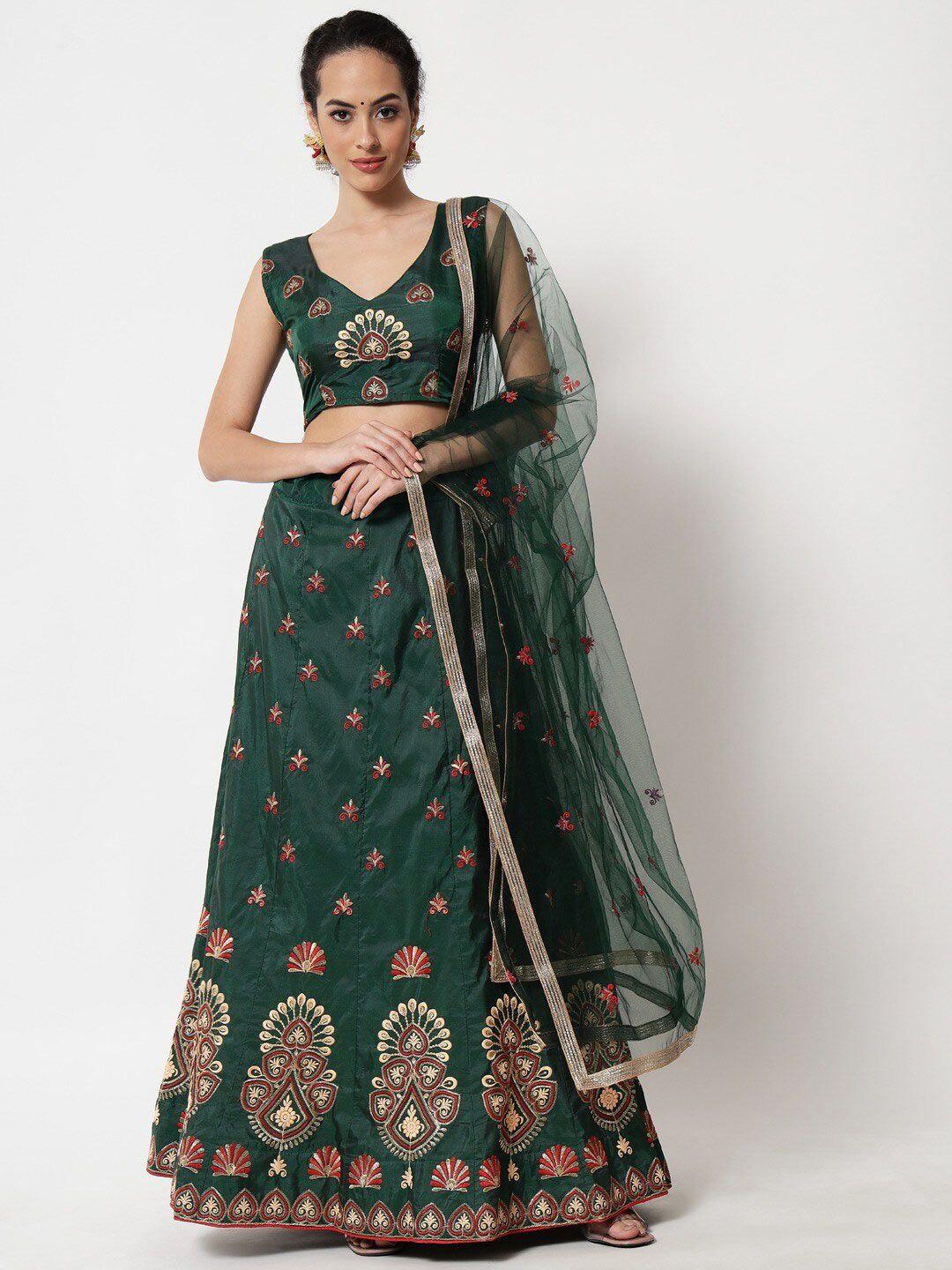 warthy ent green & maroon embroidered thread work semi-stitched lehenga & unstitched blouse with dupatta