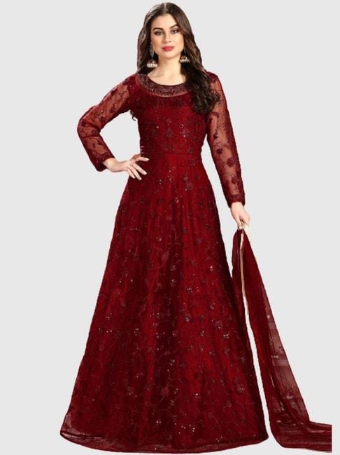 warthy ent maroon embroidered semi stitched dress material
