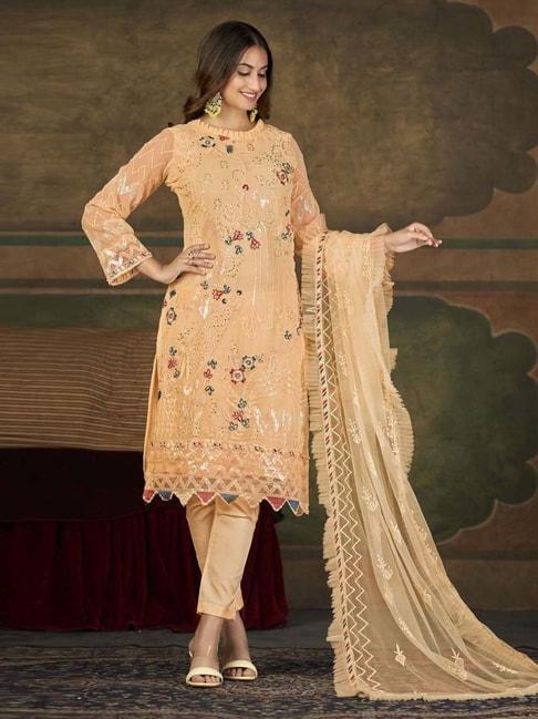 warthy ent peach embroidered semi stitched dress material