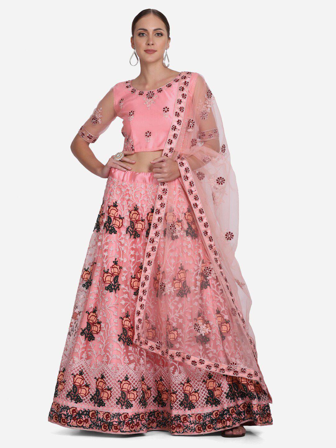 warthy ent pink & black embroidered thread work semi-stitched lehenga & unstitched blouse with dupatta