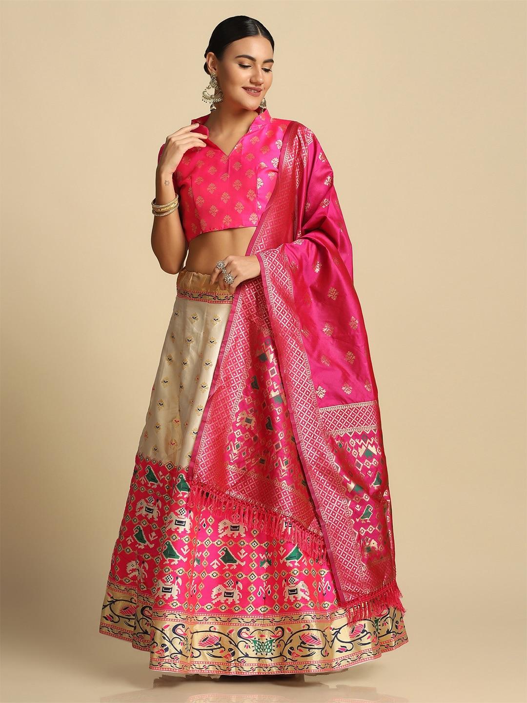 warthy ent pink & cream floral semi-stitched lehenga & unstitched blouse with dupatta