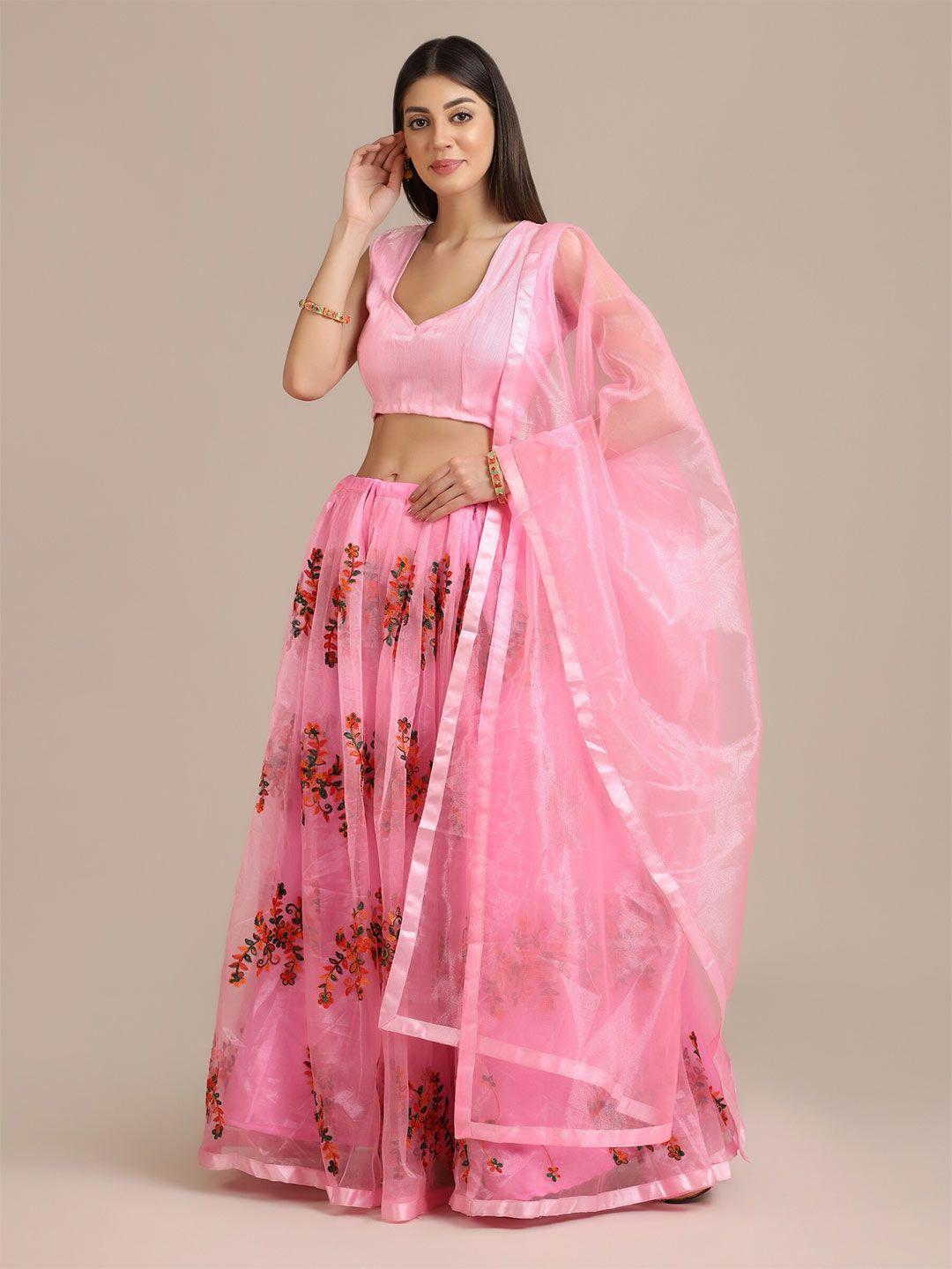 warthy ent pink & red thread work semi-stitched lehenga & unstitched blouse with dupatta