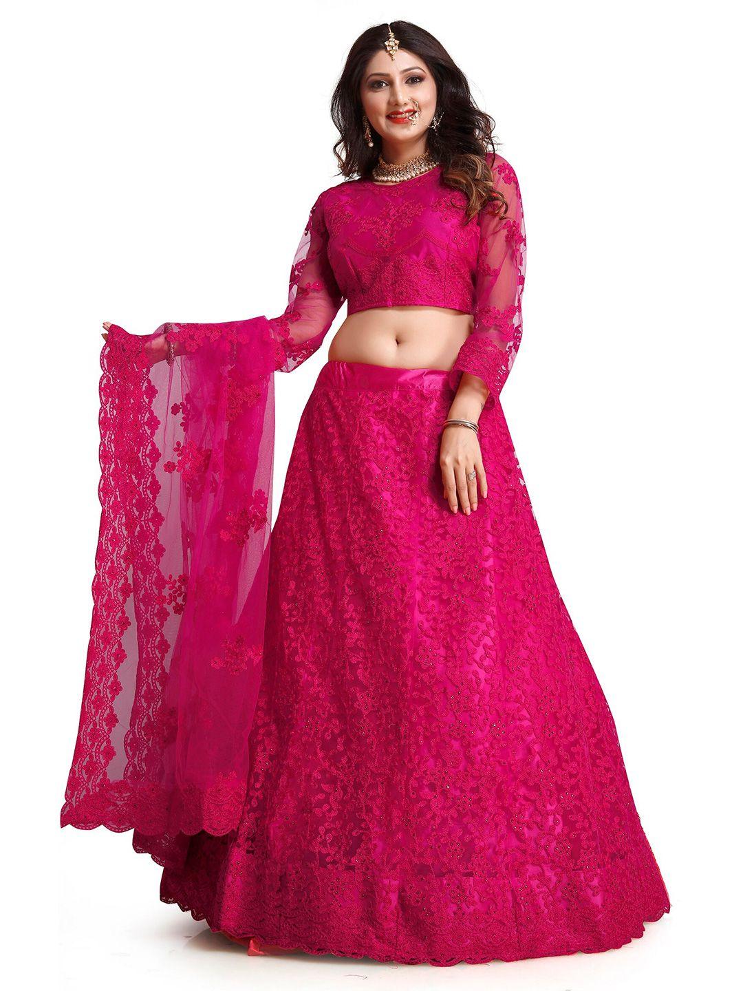 warthy ent pink embroidered thread work semi-stitched lehenga & unstitched blouse with dupatta