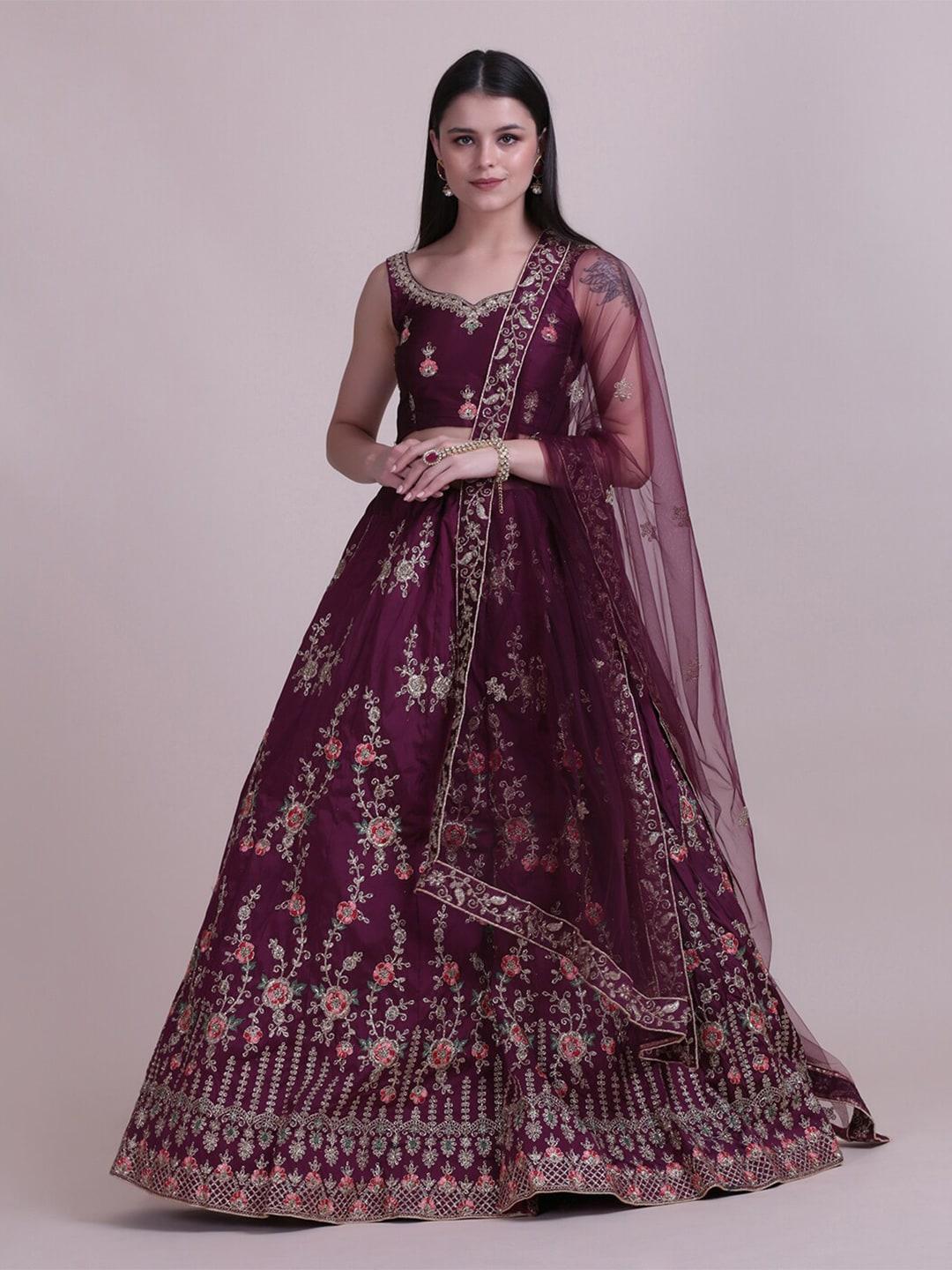 warthy ent purple & red embroidered semi-stitched lehenga & unstitched blouse with dupatta