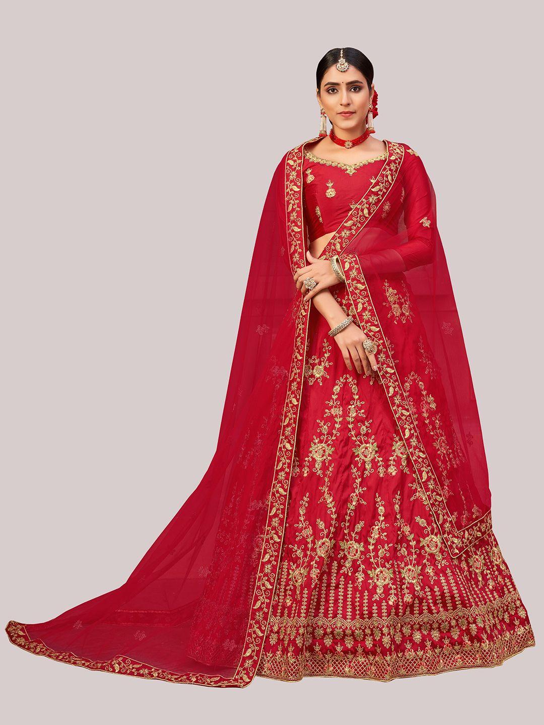 warthy ent red & gold-toned embroidered thread work semi-stitched lehenga & unstitched blouse with dupatta