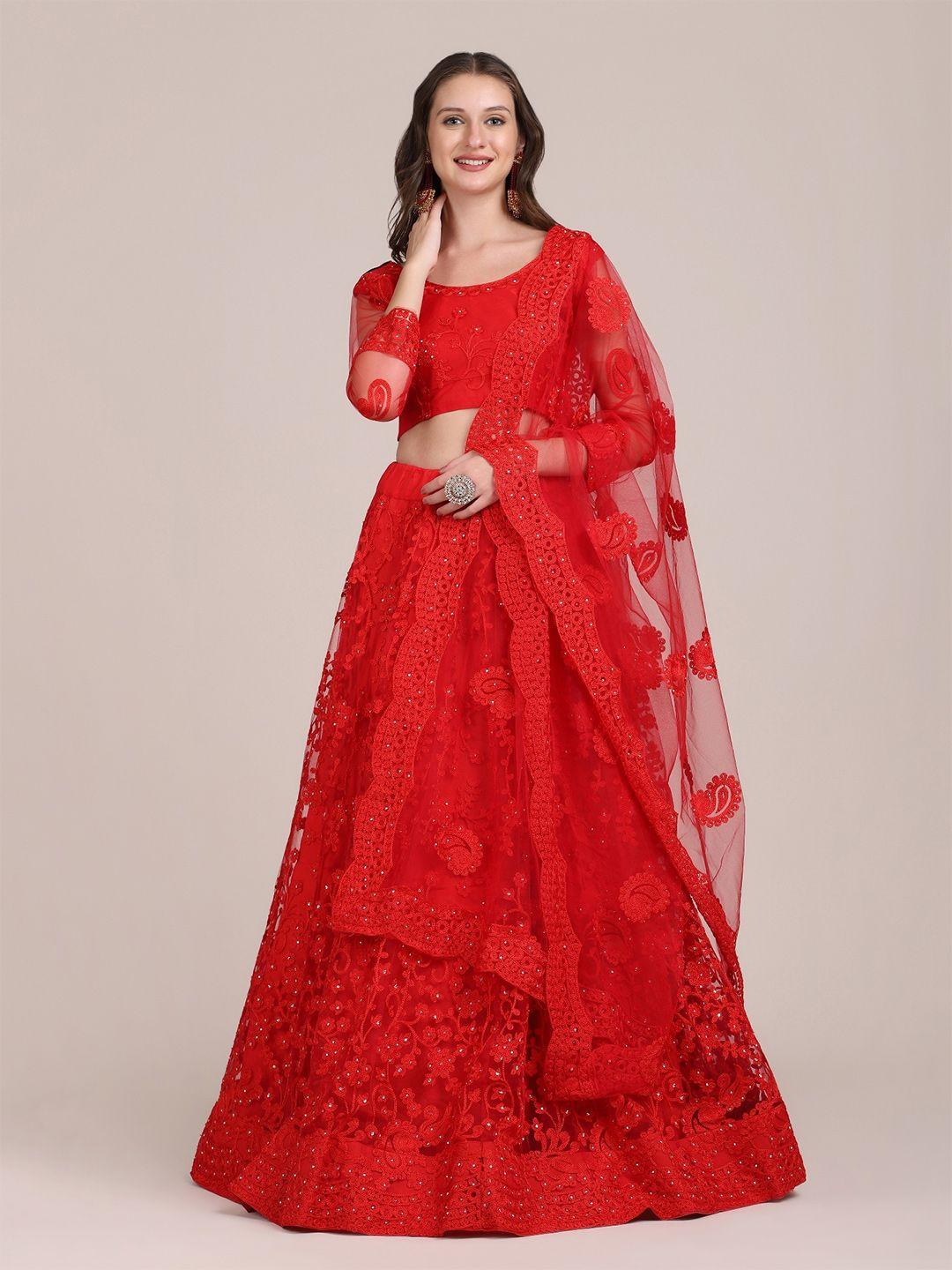 warthy ent red embroidered semi-stitched lehenga & unstitched blouse with dupatta