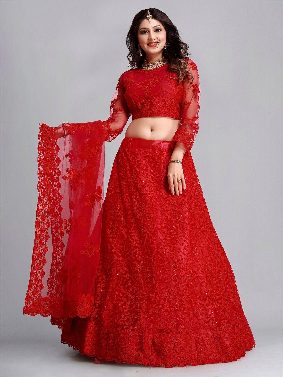 warthy ent red embroidered thread work semi-stitched lehenga & unstitched blouse with dupatta