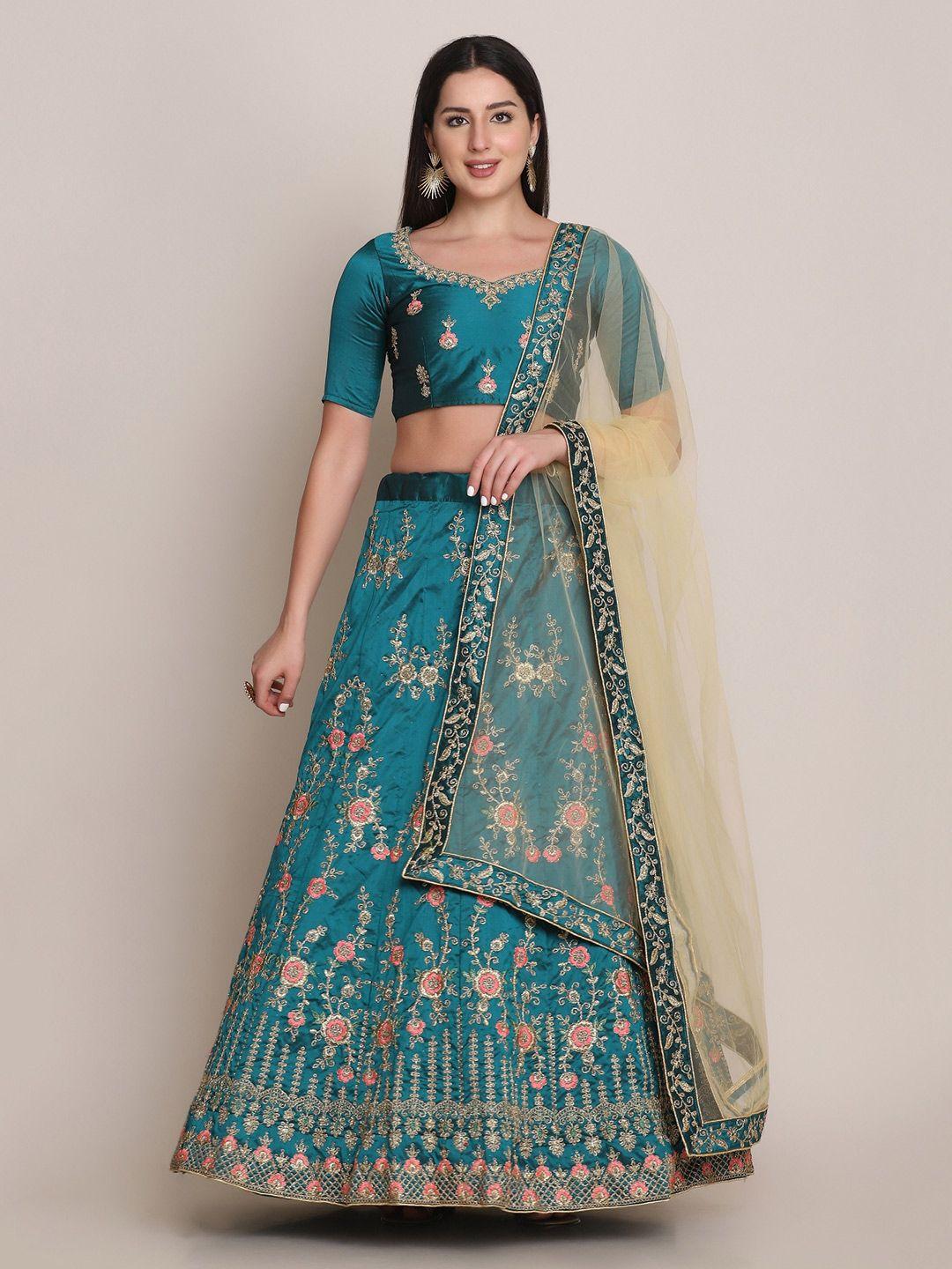 warthy ent sea green & gold embroidered semi-stitched lehenga & unstitched blouse with