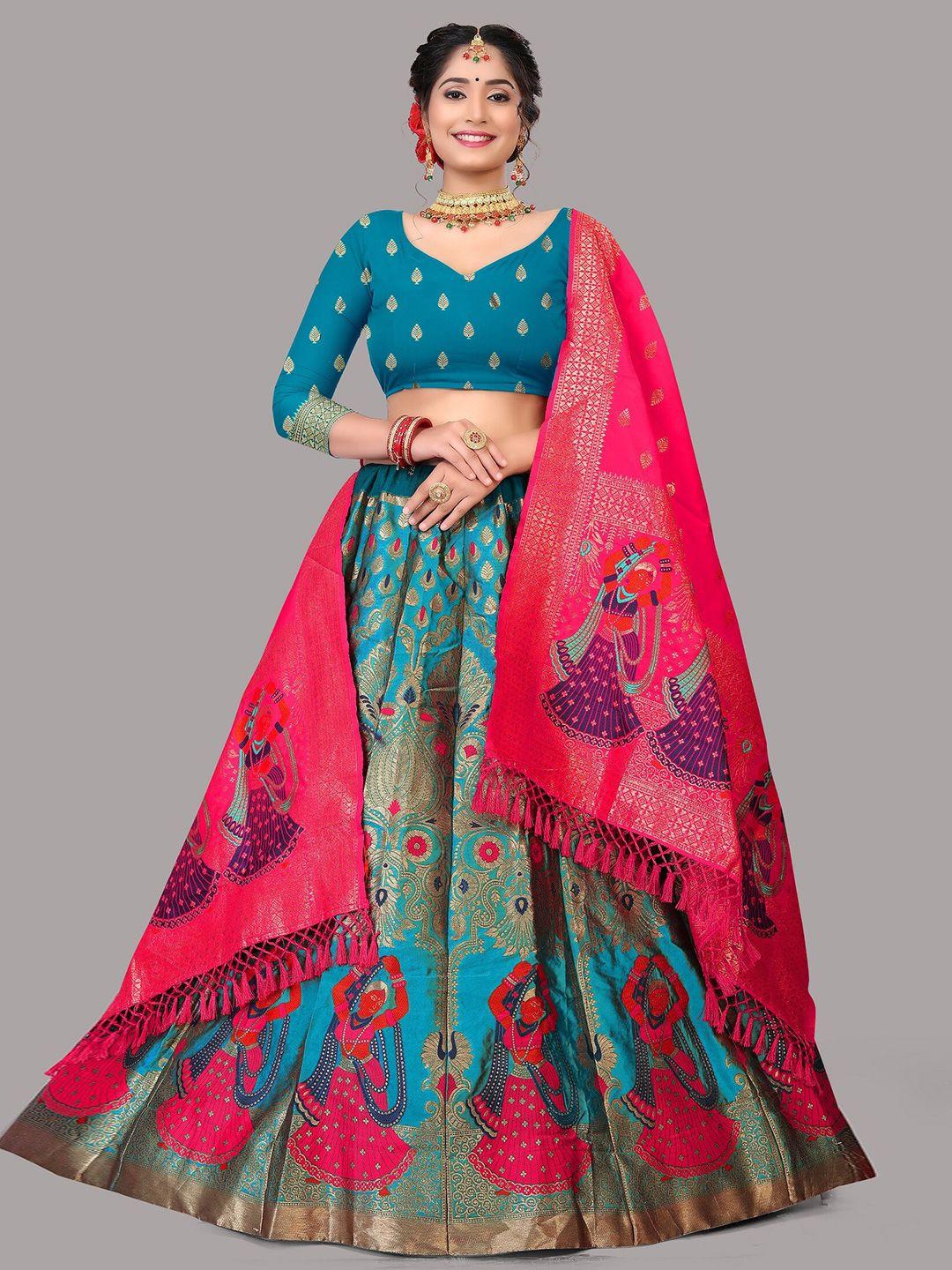 warthy ent turquoise blue & pink semi-stitched lehenga & unstitched blouse with dupatta