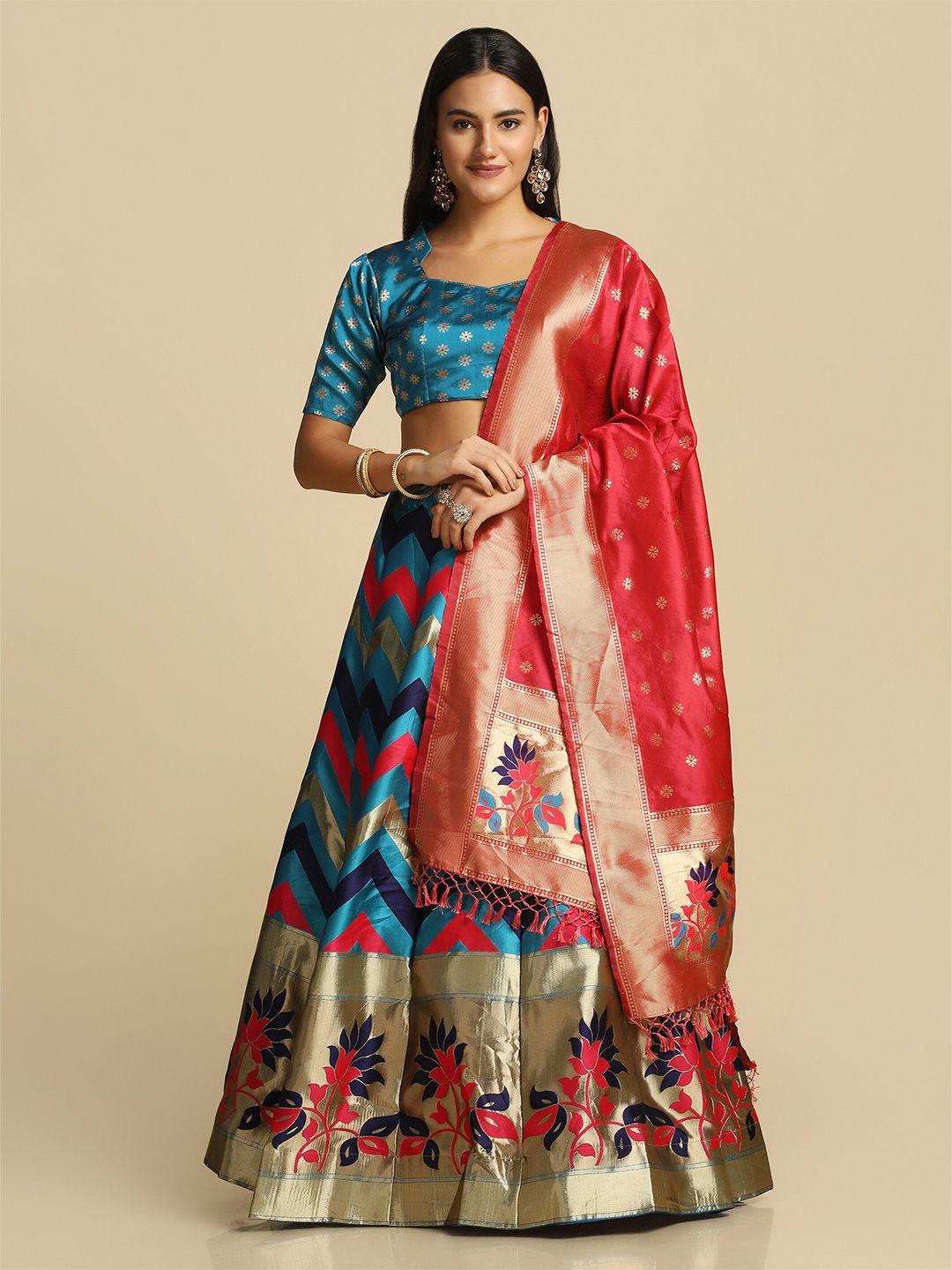 warthy ent turquoise blue & red semi-stitched lehenga & unstitched blouse with dupatta