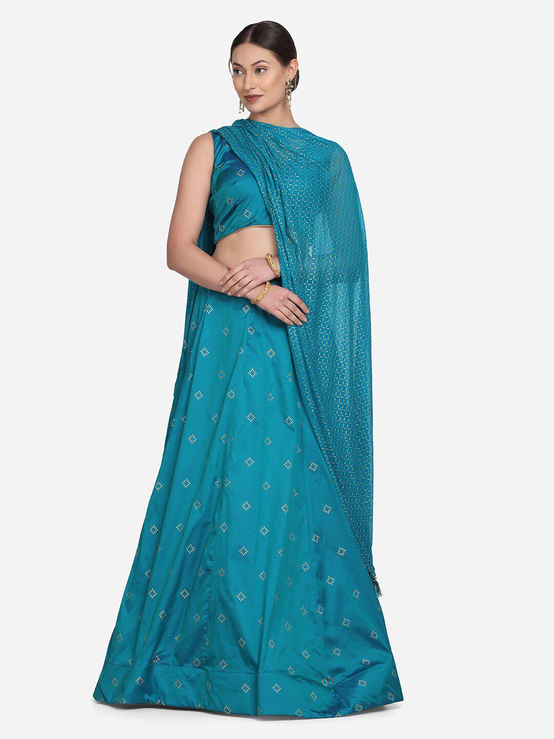 warthy ent turquoise blue printed foil print semi-stitched lehenga & unstitched blouse with dupatta