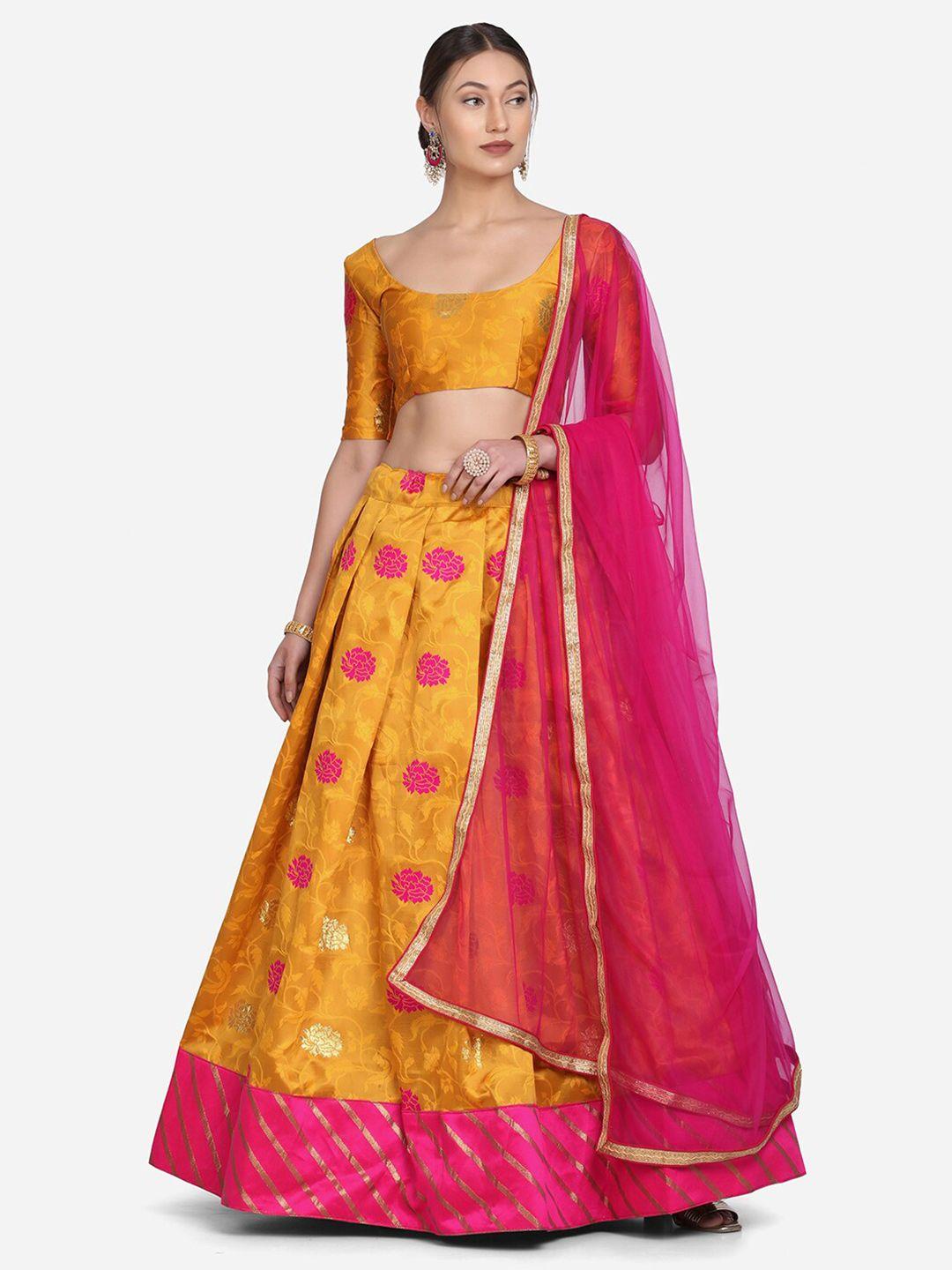 warthy ent yellow & pink thread work semi-stitched lehenga & unstitched blouse with dupatta