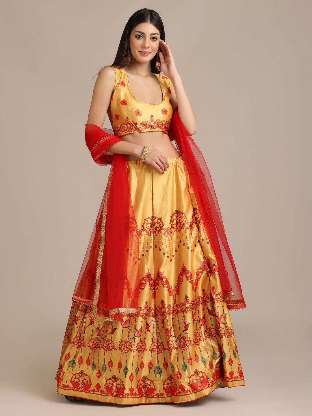 warthy ent yellow & red printed semi-stitched lehenga & unstitched blouse with dupatta