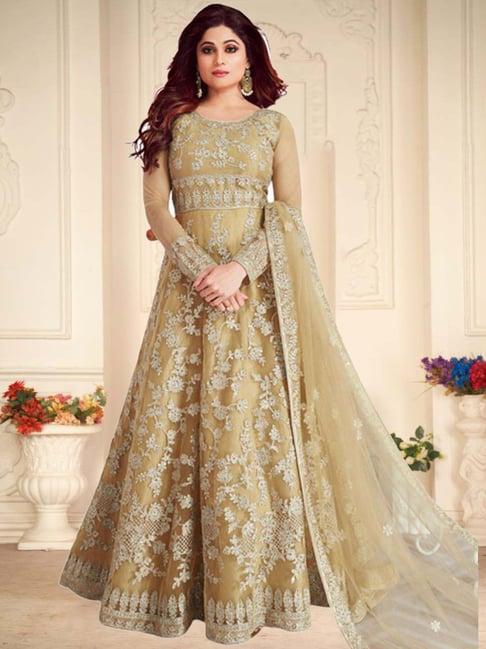 warthy ent beige embroidered semi stitched dress material